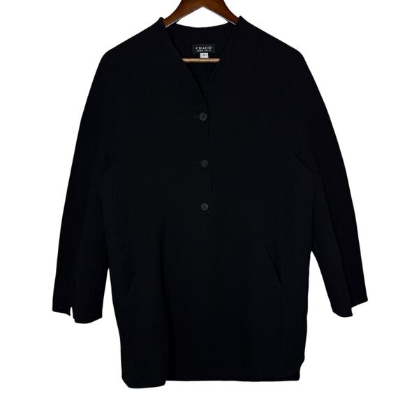 Chado Ralph Rucci Vintage 100% Wool Black Long Jacket Whipstitch Detail size 8 - Picture 1 of 7